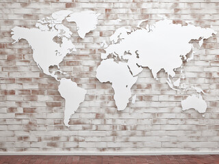 Background showcases a red brick wall texture with a white wood terrace featuring a world map