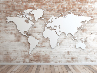 Red brick wall texture surface in white color, accompanied by a wood terrace and world map