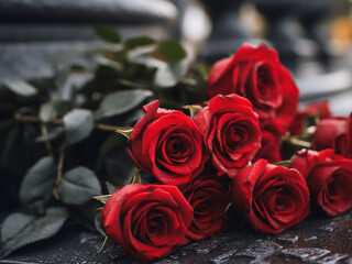 Red roses placed elegantly on the black granite surface of a monument