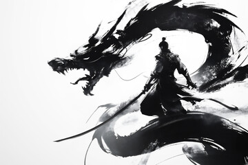 ダイナミックなインクのタッチのドラゴンとサムライ