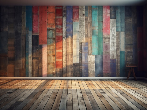 Room featuring multicolored plank walls and floors