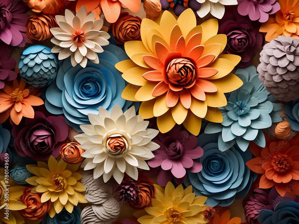 Poster multicolored paper flowers form an abstract seamless pattern for backgrounds