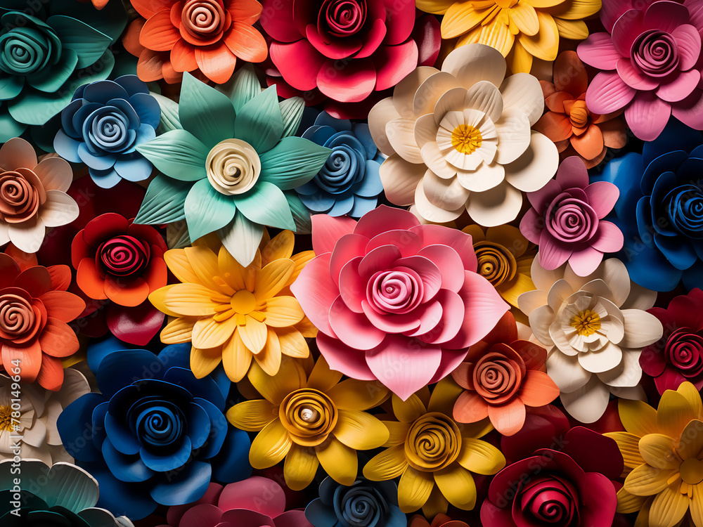 Poster abstract patterns of multicolored paper flowers offer seamless versatility