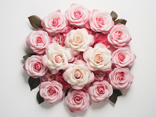 Roses and decorative elements arranged on a white background, viewed from above