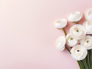 Celebrate Valentine's Day with a flat lay of white ranunculus flowers on a soft pink backdrop