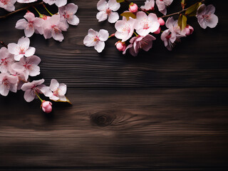 Obraz na płótnie Canvas Sakura branches with blooms create an enchanting flat lay on dark wood