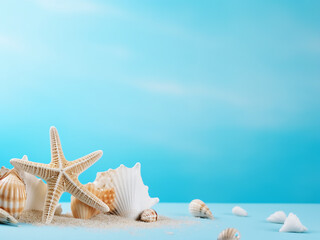 Fototapeta na wymiar Capture the essence of summer with sea shells and starfish on a blue backdrop