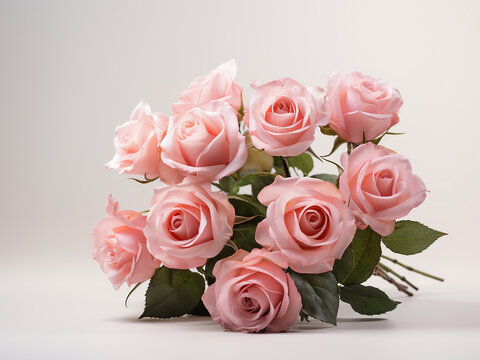 Light pink roses create a rustic bouquet against a white backdrop, leaving room for text