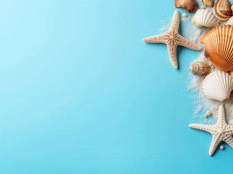Blue background accents sea shells and starfish for a minimalist summer concept