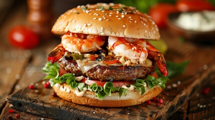 A tasty grilled prawn and beef burger with lettuce and mayonnaise is served on rustic wooden table or counter, offering a unique culinary combination - obrazy, fototapety, plakaty