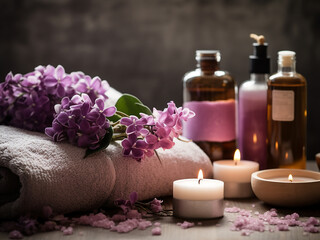 Spa tableau showcasing bath essentials, beauty products, and fresh blooms