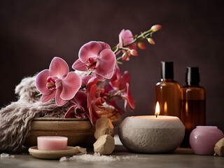 Health and beauty products, along with bath accessories, arranged elegantly in spa setting