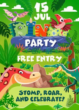 Birthday party flyer, cartoon dinosaur characters and dino kids. Vector invitation poster for birthday bash celebration, with Jurassic period monsters offering fun, games, and prehistoric adventures