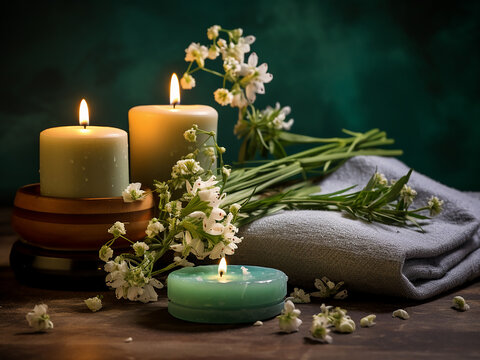 Tranquil spa scene with candles, flowers, and soap on a verdant background