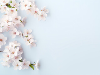 Fototapeta na wymiar Cherry blossoms arranged flat on pastel background, providing space for greeting card