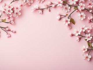Fototapeta na wymiar Cherry blossoms on pastel pink background create a floral frame