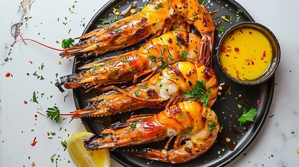 Grilled shrimps or prawns are served with lemon, garlic, and sauce, viewed from above to showcase the seafood delicacy - obrazy, fototapety, plakaty
