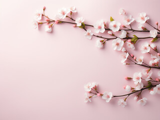 Fototapeta na wymiar Cherry tree branches form a floral frame on pastel pink