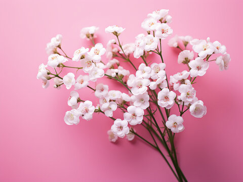 Close-up shot highlights gypsophila flowers in a spring-themed composition on pink