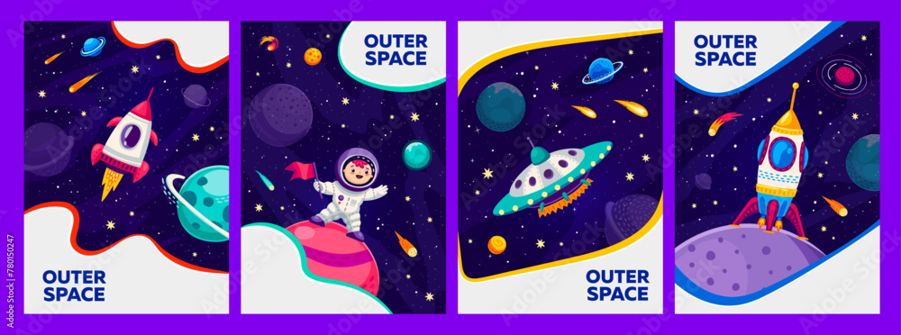 Aufkleber cartoon galaxy space template banners and posters with kid astronaut, vector backgrounds. outer spac