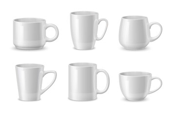 Realistic white ceramic coffee mugs and tea cups, vector tableware mockups. Different mugs and cups with handle for tea or coffee and hot drinks, porcelain kitchenware or dishware and crockery mockups