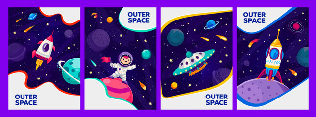 Cartoon galaxy space template banners and posters with kid astronaut, vector backgrounds. Outer space discovery and galaxy exploration by kid spaceman with rocket shuttle and alien UFO in starry sky