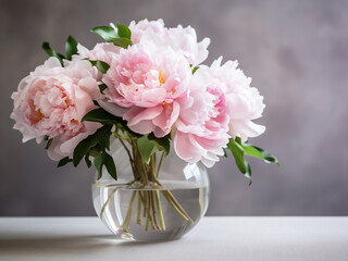 Fototapeta na wymiar Peony flowers create a stunning floral composition on a wooden tabletop