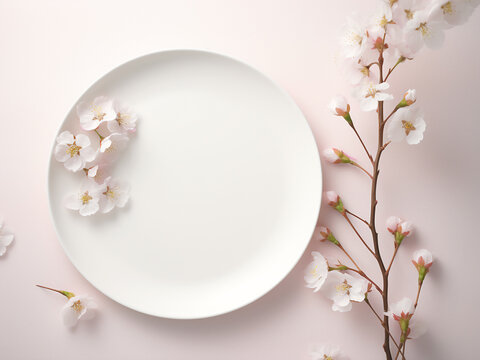 A springtime mockup showcases a trendy design with plate and blossom