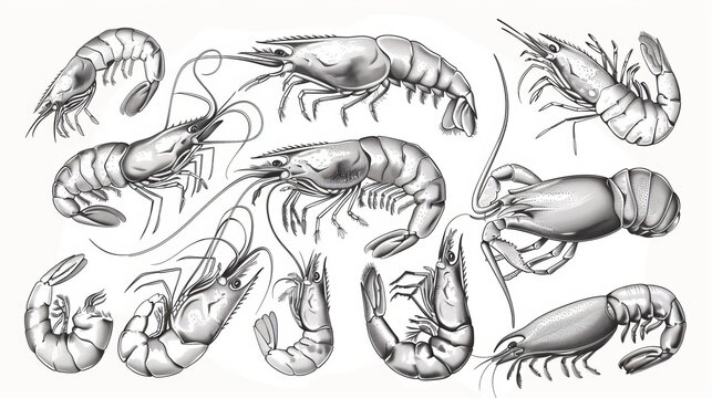 Hand-drawn sketch style seafood set showcases a collection of shrimps and prawns in vector illustrations