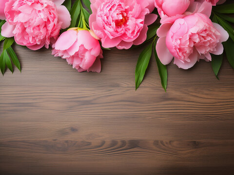 Peony flowers are beautifully showcased in a studio shot with a wood-textured backdrop
