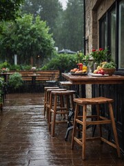 Fototapeta na wymiar Downpour of rain drenches wooden patio of cafe, creating serene atmosphere. Three stools, empty, inviting, sit beside table adorned with colorful array of fresh fruits, vibrant bouquet of flowers.