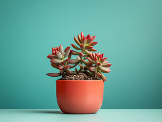 On a colored wall, a potted succulent adds greenery