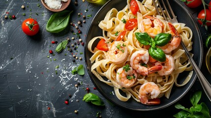 Italian pasta fettuccine in a creamy sauce with shrimp is beautifully plated, offering a top view of the dish