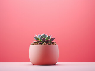 Against a pink wall, a succulent plant thrives in its pot