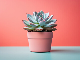 A potted succulent decorates a colored wall background