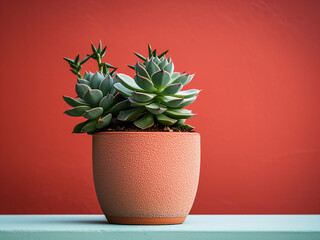 Against a colored wall, a potted succulent brings life