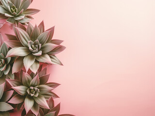 On pastel pink paper, a succulent and palm leaves create a flat lay arrangement