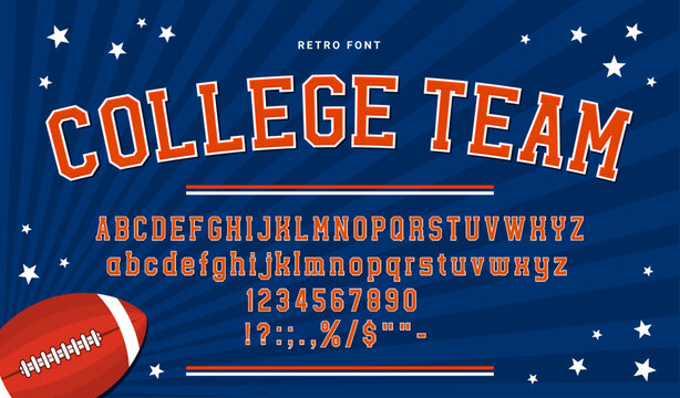 American sport college font, jacket type or American league of basketball or baseball, vector typeface alphabet. Sport team print font of American university jacket, varsity t-shirt or football jersey