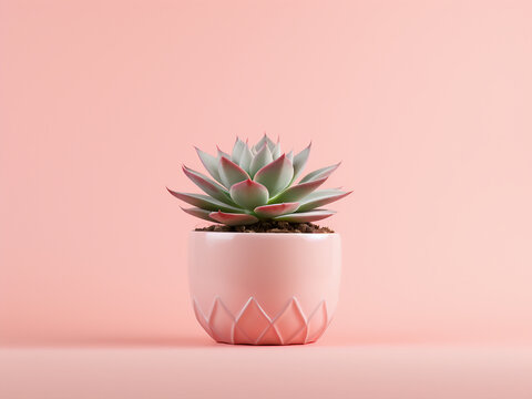 Copy space surrounds a potted succulent on a pastel pink background