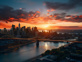 Fototapeta premium City skyline at sunset with vibrant, energizing light from the first sunlight at dusk