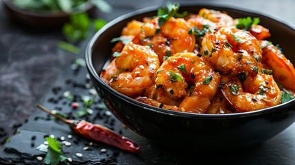 Schezwan Prawns are presented in a black bowl against a dark slate background, highlighting an Indo-Chinese cuisine curry dish flavored with Schezwan sauce - obrazy, fototapety, plakaty