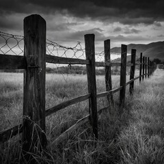 Wooden fence stretches across field, its dark, weathered posts standing firmly in ground, supporting horizontal rails, barbed wire that weave through landscape. Grass, wild, untamed, sways gently.