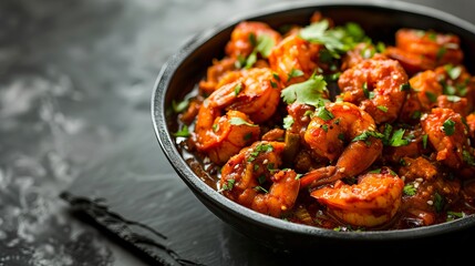 Schezwan Prawns are presented in a black bowl against a dark slate background, highlighting an Indo-Chinese cuisine curry dish flavored with Schezwan sauce - obrazy, fototapety, plakaty