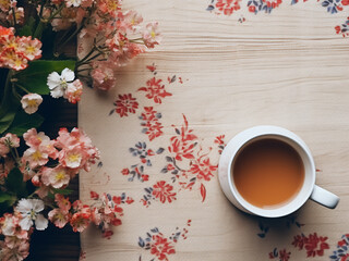 Wooden background featuring a tea mug on a floral cloth napkin, with space for text