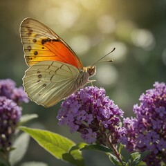 Obraz premium Vibrant butterfly, with wings displaying gradient of colors from pale, almost translucent hue at tips to deep, rich orange towards body, perches delicately on clusters of purple flowers.