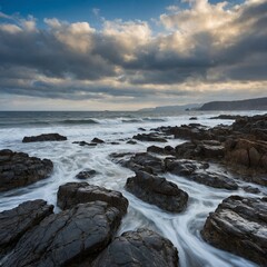 Waves crash against jagged, dark rocks that scattered along shoreline, their white foam swirling, dancing between crevices, creating dynamic contrast with dark, wet stone.