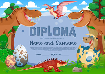 Kids diploma with funny tyrannosaur rex and baby dinosaur characters. Vector recognition certificate template for kiddos awesome achievements. Prehistoric praise for children triumph or graduation