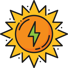 Clean solar energy, green power outline icon. Clean electricity sustainable source, ecological electric power station or solar energy industry line vector color icon or sign with sun, green lightning