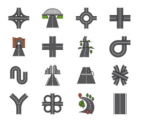 Color highway road line icons. Traffic, crossroad and tunnel route. Driveway, freeway line vector roundabout, crossing and crossroads, interchange and intersection, hills, tunnel and bridge symbols