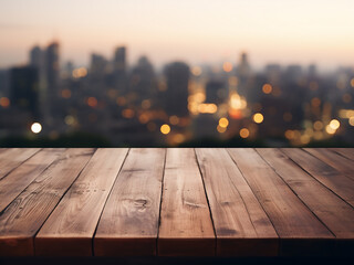 Blurry cityscape backdrop enhances wooden table's appeal - obrazy, fototapety, plakaty